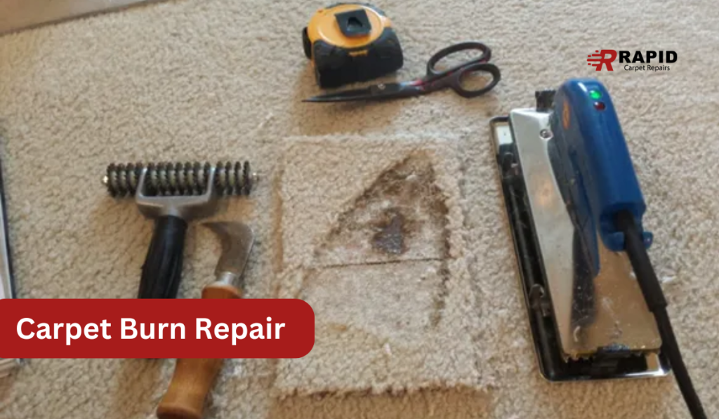 Burned carpet with repair tools for carpet burn restoration