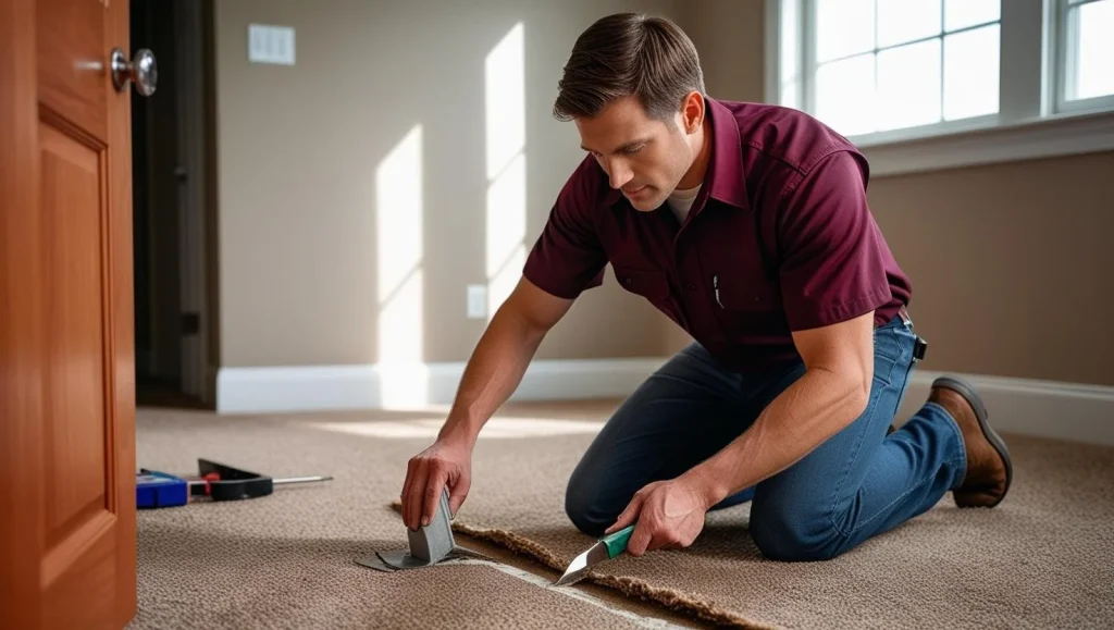 a man performing carpet repair using a tool to fix a tear in the carpet.