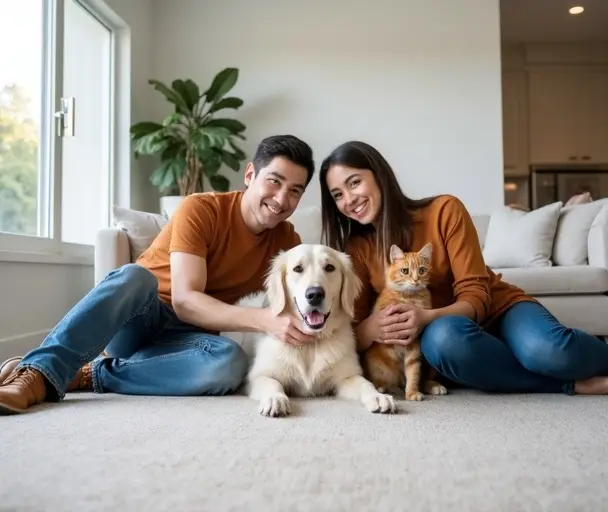Happy family with pets on restored carpet