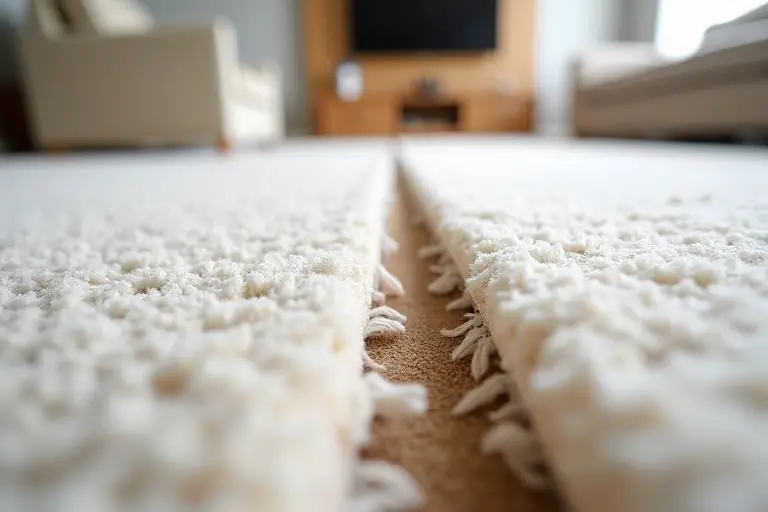 Damaged carpet seam showing separation