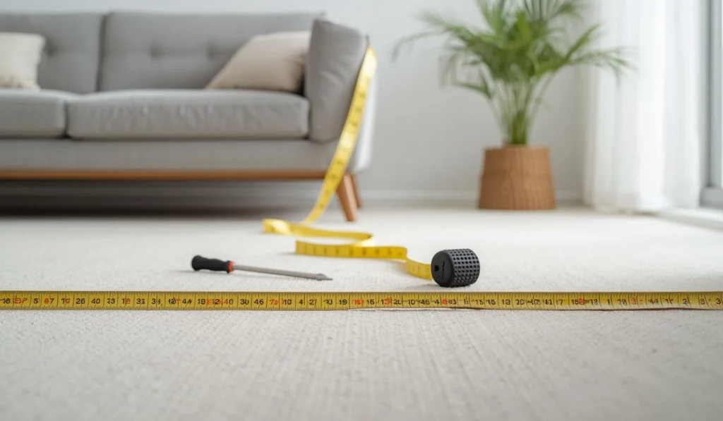 Carpet repair cost per square metre measurement with tape measure and repair tools