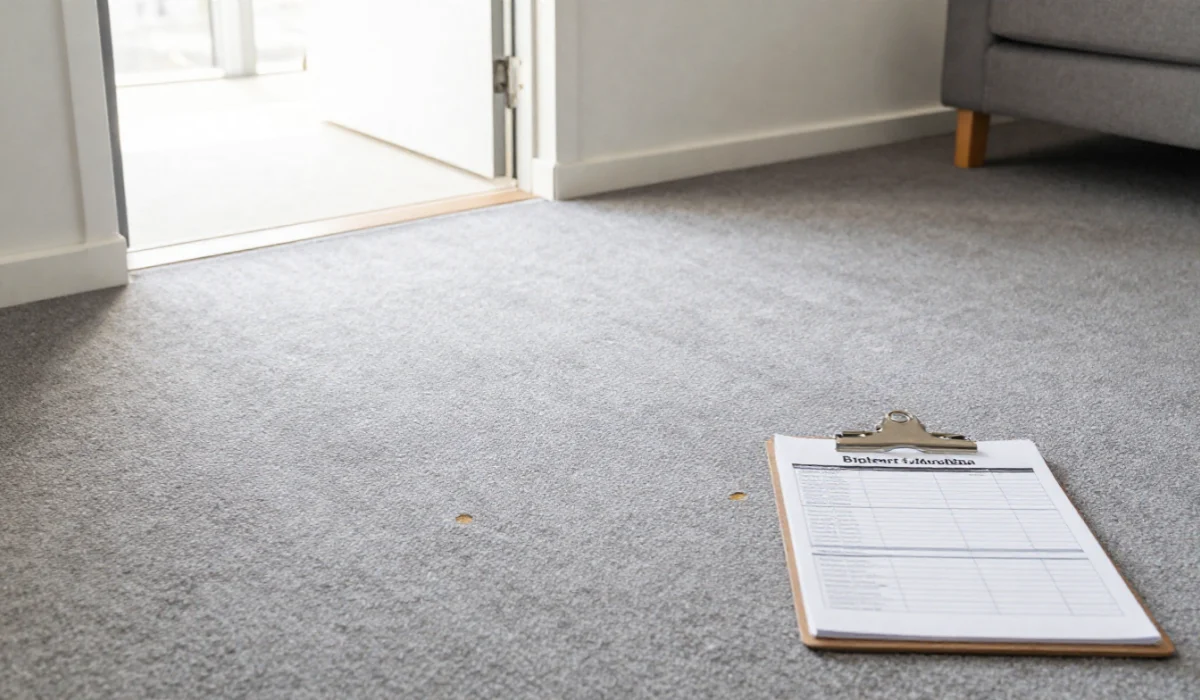 End of lease carpet inspection showing a repaired seam next to a professional cleaning checklist in an Australian rental property